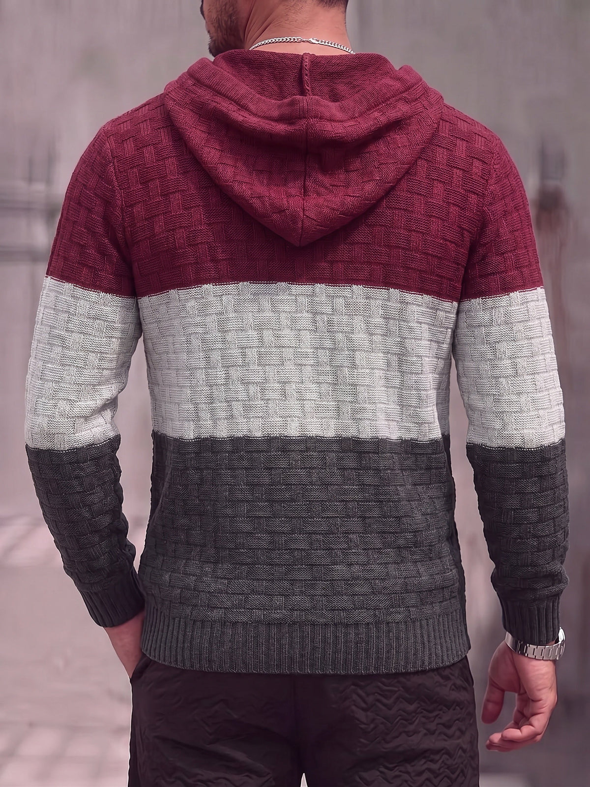 Color Block Textured Knit Hooded Pullover Sweater