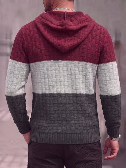 Color Block Textured Knit Hooded Pullover Sweater
