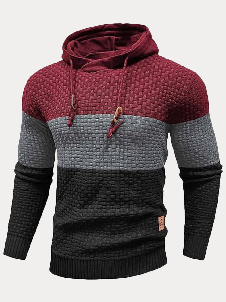 Color Block Textured Knit Hooded Pullover Sweater