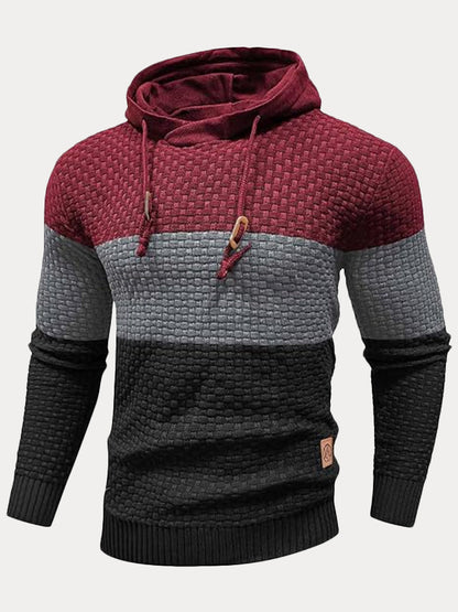 Color Block Textured Knit Hooded Pullover Sweater