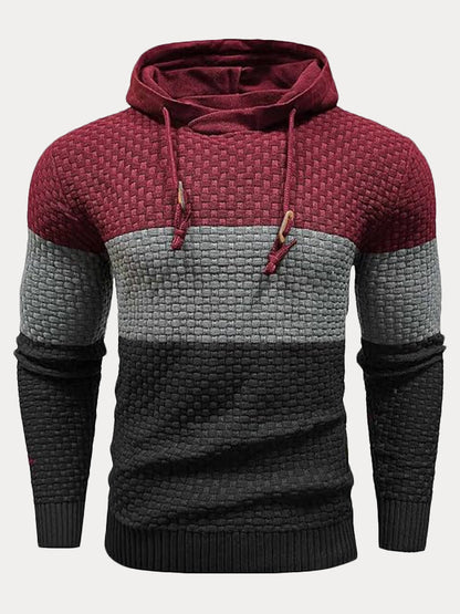 Color Block Textured Knit Hooded Pullover Sweater