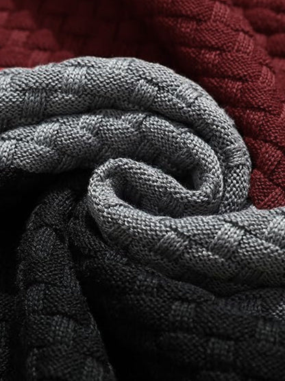 Color Block Textured Knit Hooded Pullover Sweater